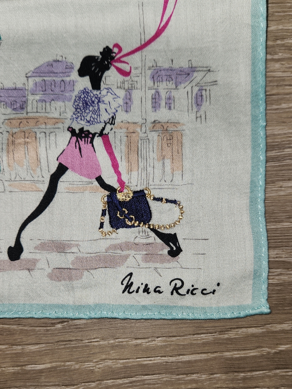 Nina Ricci Cotton Handkerchif with Pink & Aqua Fashion Illustration - Picture 2 of 5
